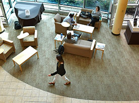 People sitting and walking in a library. Links to Gifts by Estate Note